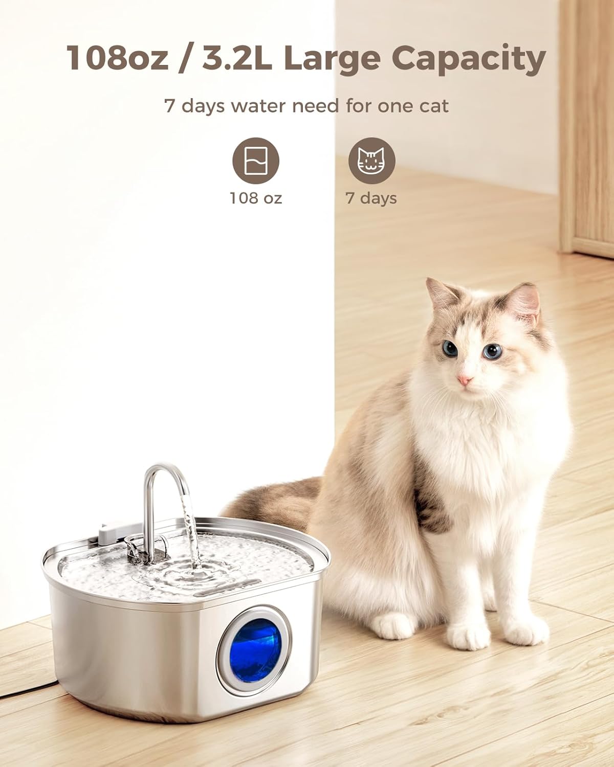 PurrFlow Stainless Steel Pet Fountain – Ultra-Quiet, BPA-Free, and Perfectly Filtered for Cats & Small Dogs